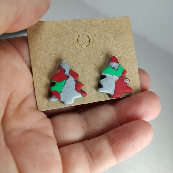 Handmade Polymer Clay Christmas Xmas Tree Stud Earrings Red Green Silver Glitter - Picture 4 of 14